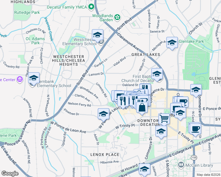 map of restaurants, bars, coffee shops, grocery stores, and more near 416 Oakland Street in Decatur