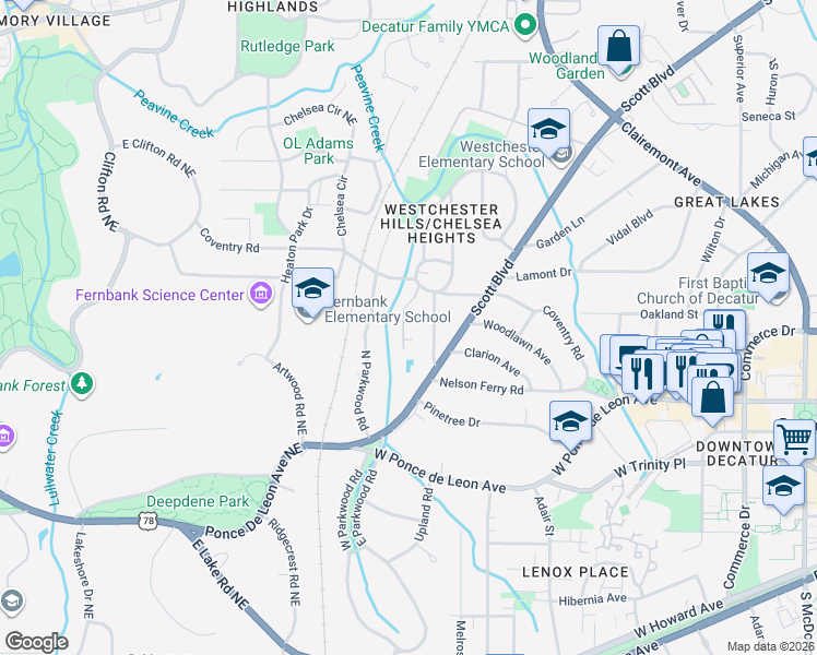 map of restaurants, bars, coffee shops, grocery stores, and more near 510 Coventry Road in Decatur