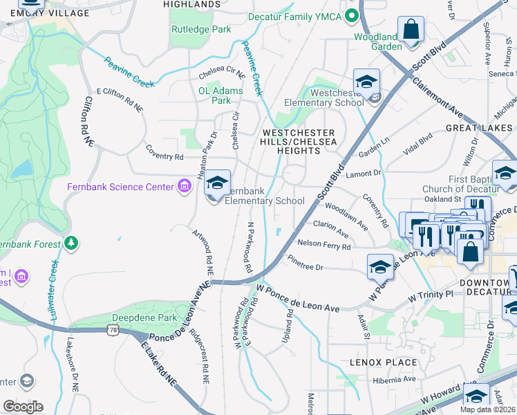 map of restaurants, bars, coffee shops, grocery stores, and more near 779 North Parkwood Road in Decatur