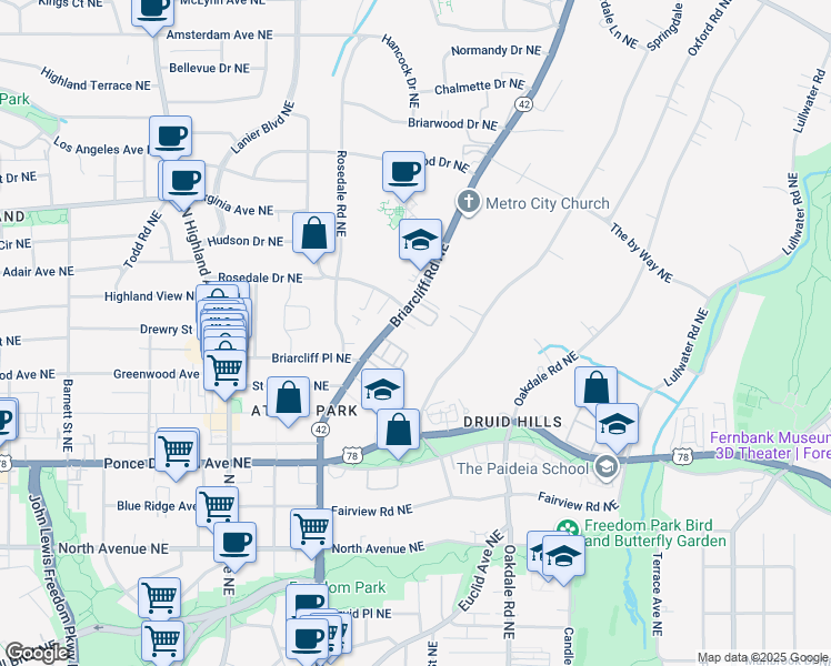 map of restaurants, bars, coffee shops, grocery stores, and more near 1222 Virginia Court in Atlanta