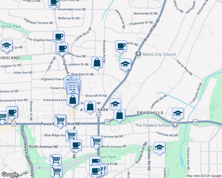 map of restaurants, bars, coffee shops, grocery stores, and more near 856 Briarcliff Road Northeast in Atlanta