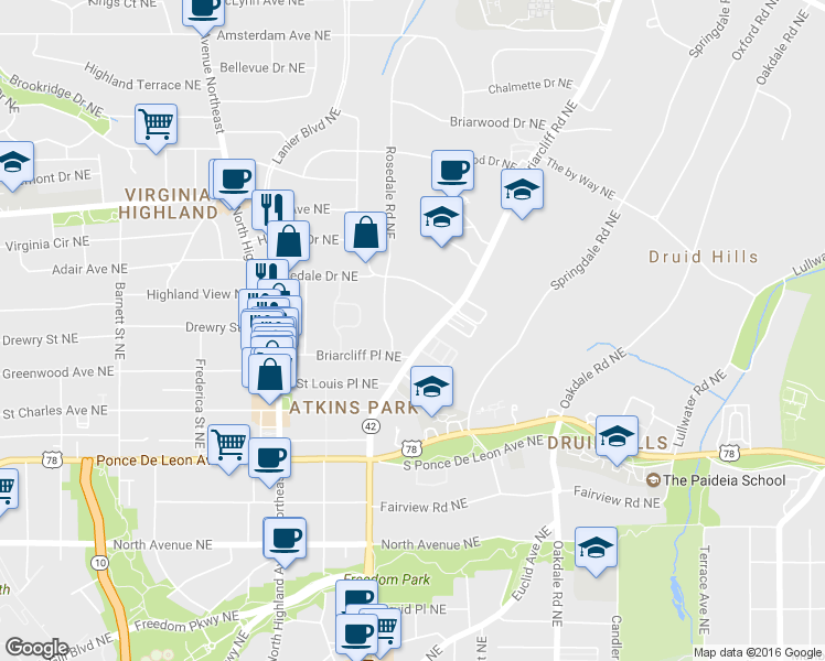 map of restaurants, bars, coffee shops, grocery stores, and more near 879 Rosedale Road Northeast in Atlanta