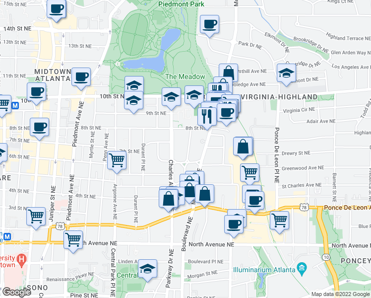 map of restaurants, bars, coffee shops, grocery stores, and more near 873 Charles Allen Drive Northeast in Atlanta