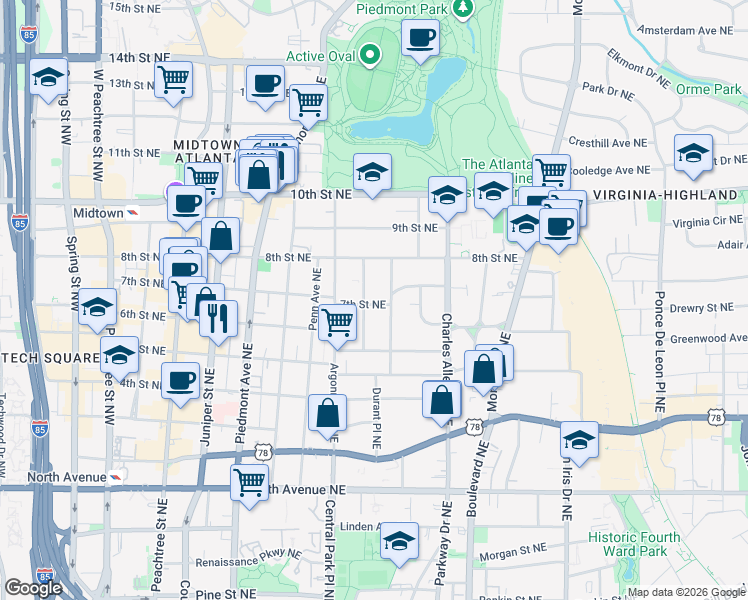 map of restaurants, bars, coffee shops, grocery stores, and more near 870 Glendale Terrace Northeast in Atlanta