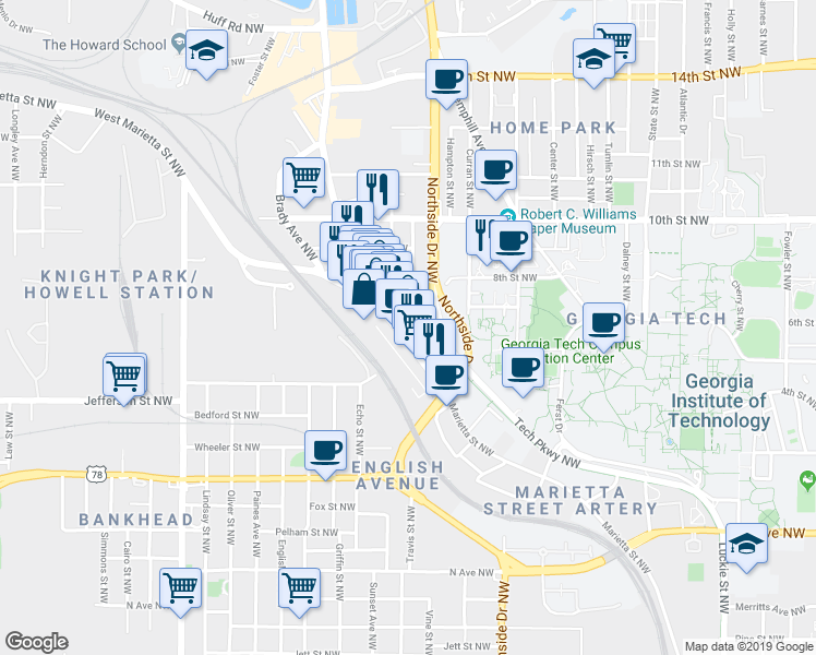 map of restaurants, bars, coffee shops, grocery stores, and more near 935 Marietta Street NorthWest in Atlanta