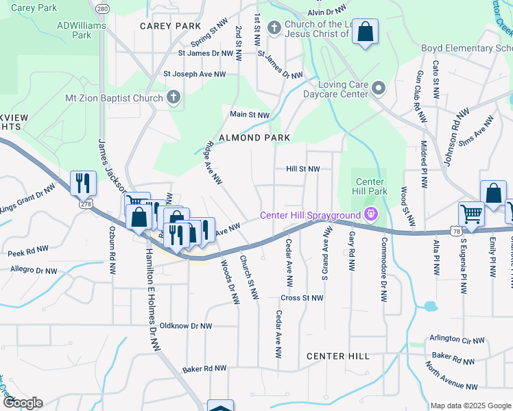 map of restaurants, bars, coffee shops, grocery stores, and more near 848 Capitol View Avenue Northwest in Atlanta