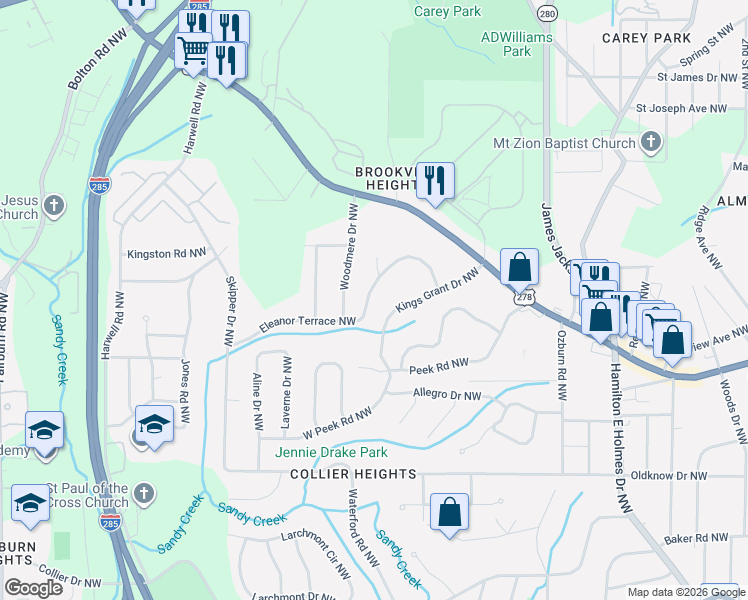 map of restaurants, bars, coffee shops, grocery stores, and more near 2949 Eleanor Terrace Northwest in Atlanta