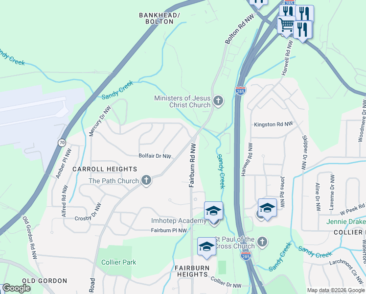map of restaurants, bars, coffee shops, grocery stores, and more near 870 Bolton Place Northwest in Atlanta