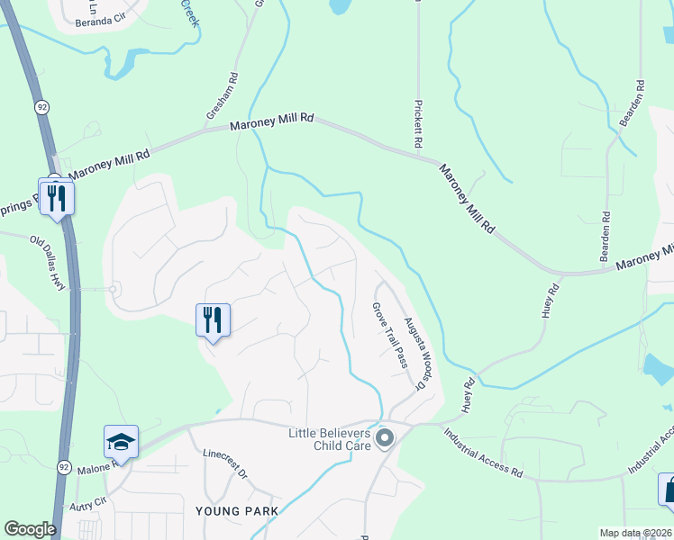 map of restaurants, bars, coffee shops, grocery stores, and more near 6291 Hampstead Lane in Douglasville
