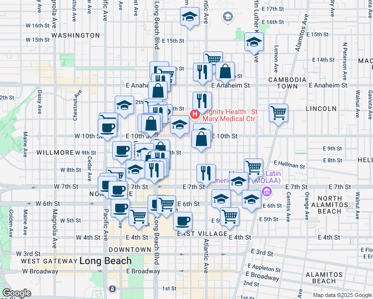 map of restaurants, bars, coffee shops, grocery stores, and more near 1045 Frontenac Court in Long Beach