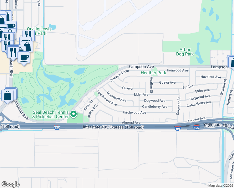 map of restaurants, bars, coffee shops, grocery stores, and more near 4265 Elder Avenue in Seal Beach