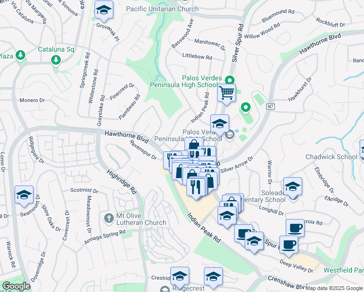 map of restaurants, bars, coffee shops, grocery stores, and more near 27132 Indian Peak Road in Rancho Palos Verdes