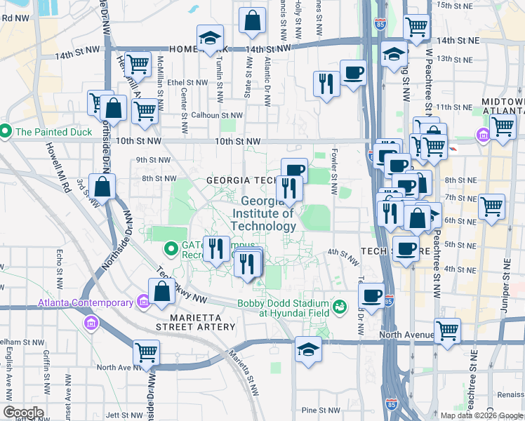 map of restaurants, bars, coffee shops, grocery stores, and more near in Atlanta