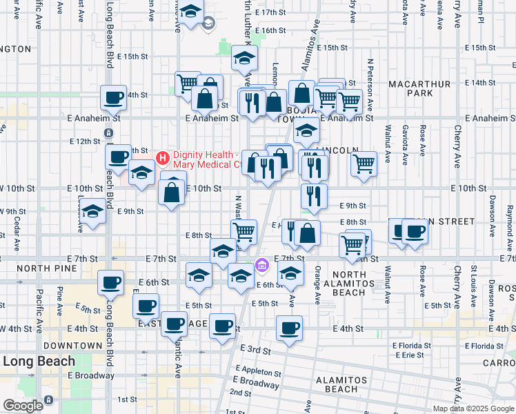 map of restaurants, bars, coffee shops, grocery stores, and more near in Long Beach