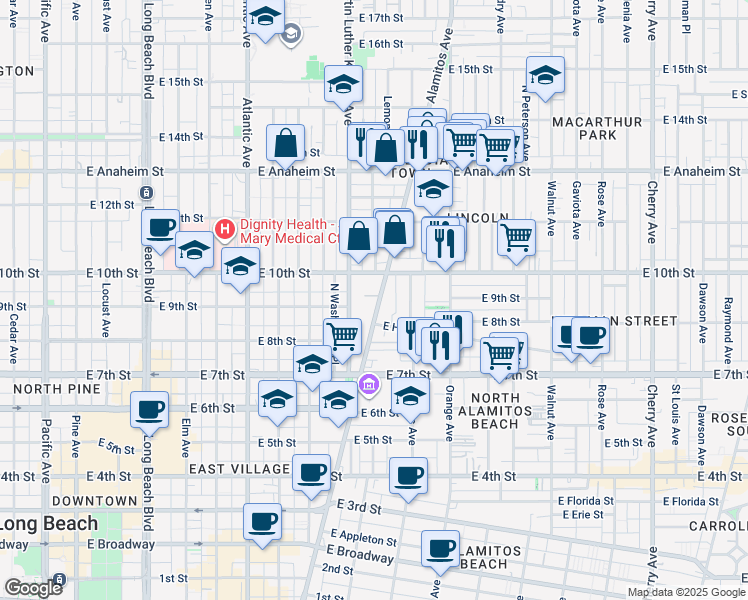 map of restaurants, bars, coffee shops, grocery stores, and more near 905 Alamitos Avenue in Long Beach