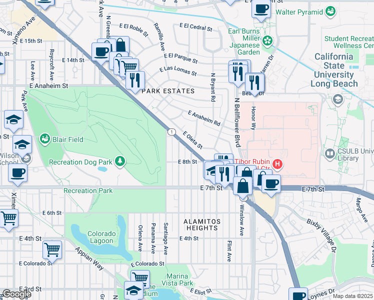 map of restaurants, bars, coffee shops, grocery stores, and more near 5478 East Pacific Coast Highway in Long Beach