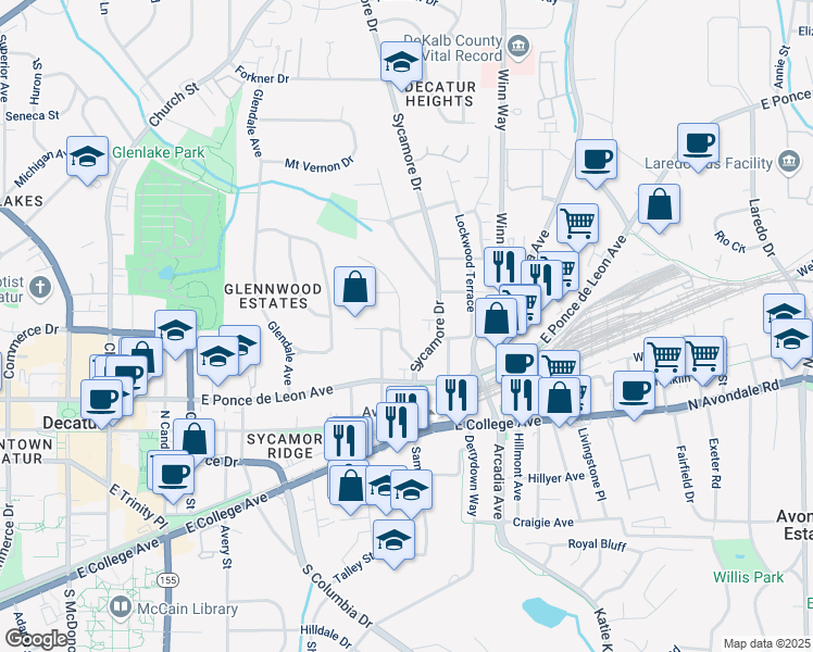 map of restaurants, bars, coffee shops, grocery stores, and more near 205 Hillcrest Avenue in Decatur