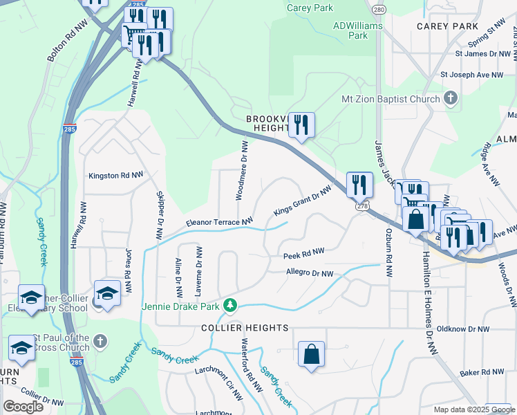 map of restaurants, bars, coffee shops, grocery stores, and more near 2970 Eleanor Terrace Northwest in Atlanta