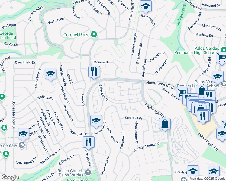 map of restaurants, bars, coffee shops, grocery stores, and more near 28010 Ridgeforest Court in Rancho Palos Verdes