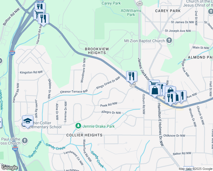 map of restaurants, bars, coffee shops, grocery stores, and more near 895 Kings Grant Drive Northwest in Atlanta