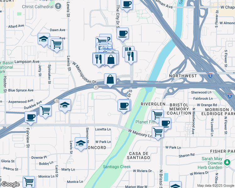 map of restaurants, bars, coffee shops, grocery stores, and more near 3445 West Park Central Avenue in Orange