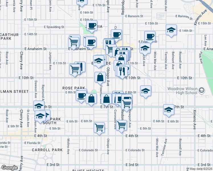 map of restaurants, bars, coffee shops, grocery stores, and more near 915 Obispo Avenue in Long Beach