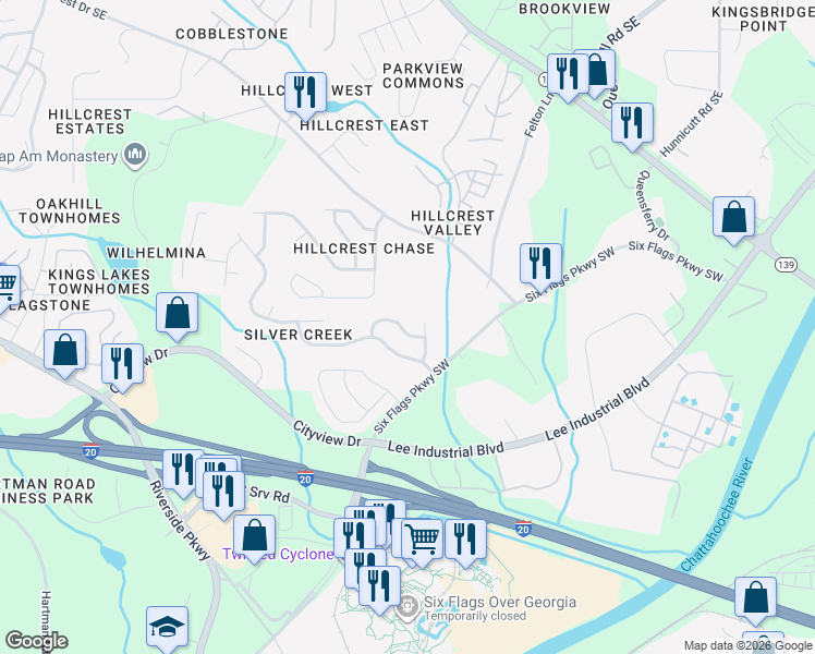 map of restaurants, bars, coffee shops, grocery stores, and more near 219 Copperbend Drive Southeast in Austell