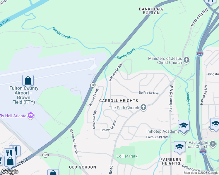 map of restaurants, bars, coffee shops, grocery stores, and more near 887 Mercury Drive Northwest in Atlanta