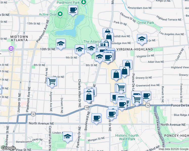 map of restaurants, bars, coffee shops, grocery stores, and more near 503 Midtown Place in Atlanta