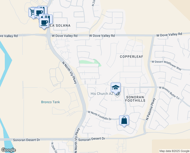 map of restaurants, bars, coffee shops, grocery stores, and more near 2347 West Dusty Wren Drive in Phoenix