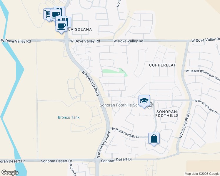 map of restaurants, bars, coffee shops, grocery stores, and more near 2415 West Dusty Wren Drive in Phoenix