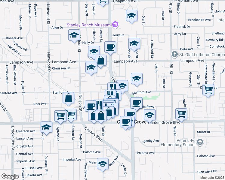 map of restaurants, bars, coffee shops, grocery stores, and more near 12732 Main Street in Garden Grove