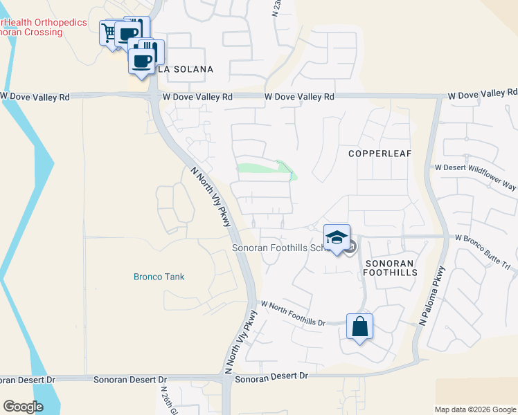 map of restaurants, bars, coffee shops, grocery stores, and more near 2415 West Dusty Wren Drive in Phoenix