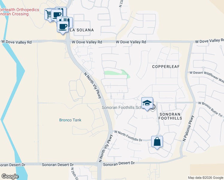 map of restaurants, bars, coffee shops, grocery stores, and more near 2415 West Dusty Wren Drive in Phoenix