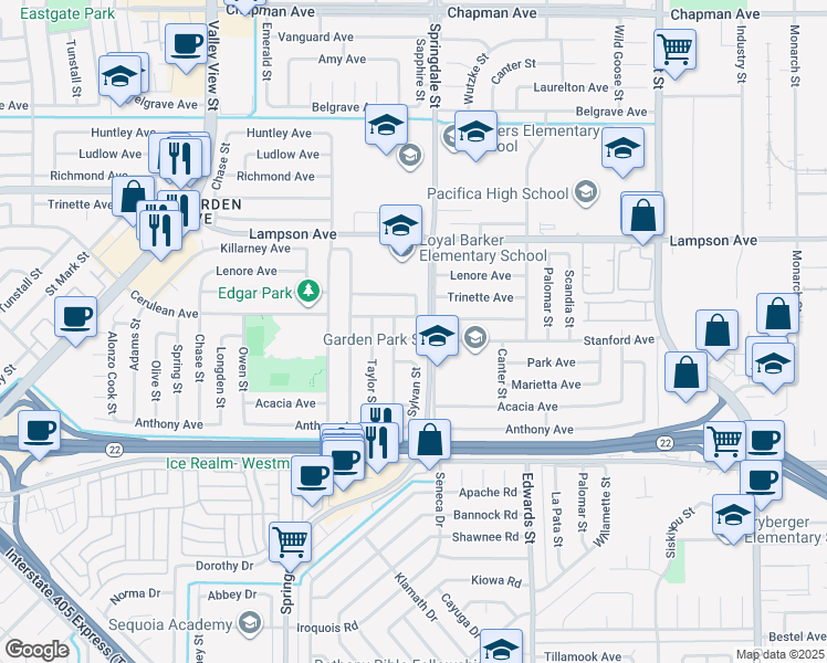 map of restaurants, bars, coffee shops, grocery stores, and more near 12672 Sylvan Street in Garden Grove