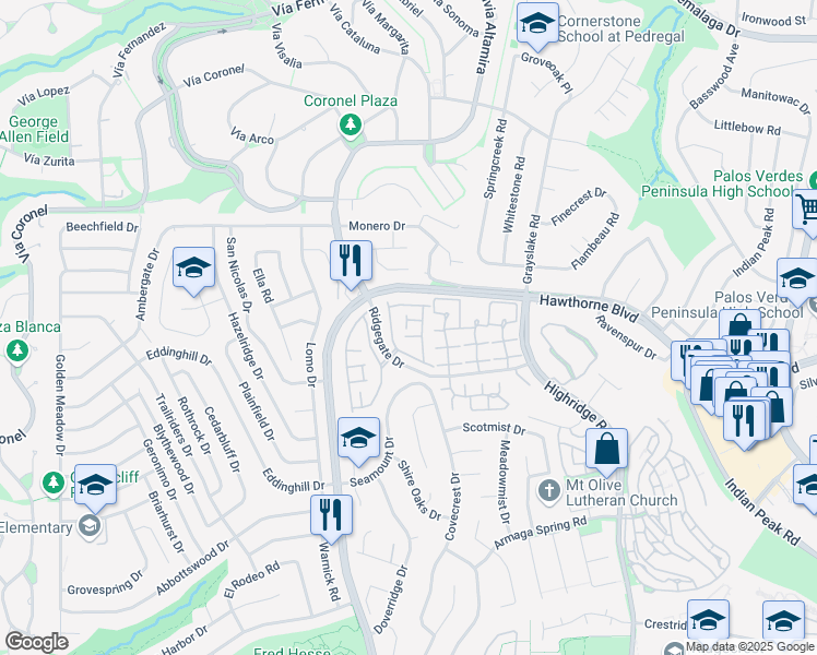 map of restaurants, bars, coffee shops, grocery stores, and more near 28010 Ridgeforest Court in Rancho Palos Verdes