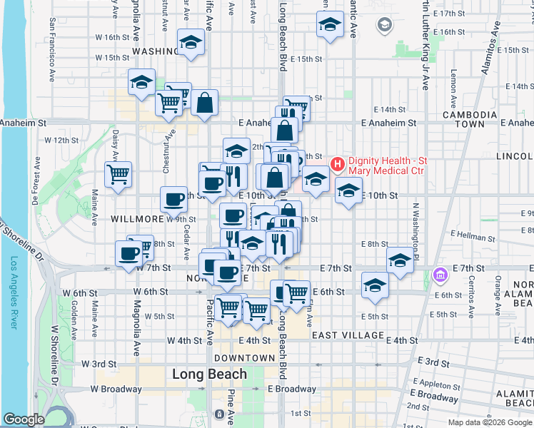map of restaurants, bars, coffee shops, grocery stores, and more near 945 Locust Avenue in Long Beach