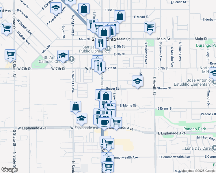 map of restaurants, bars, coffee shops, grocery stores, and more near 175 East Shaver Street in San Jacinto