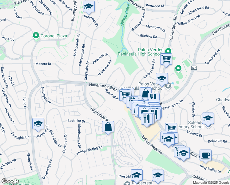 map of restaurants, bars, coffee shops, grocery stores, and more near 5711 Ravenspur Drive in Rancho Palos Verdes