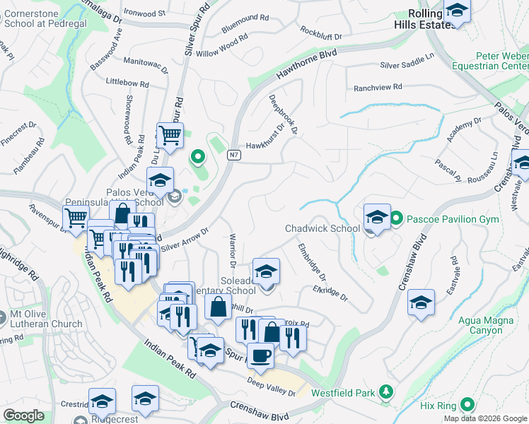 map of restaurants, bars, coffee shops, grocery stores, and more near 27025 Silver Moon Lane in Rancho Palos Verdes