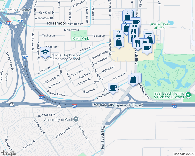 map of restaurants, bars, coffee shops, grocery stores, and more near 12691 Silver Fox Road in Rossmoor
