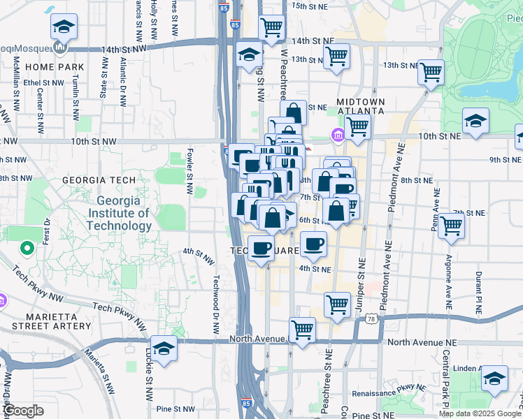 map of restaurants, bars, coffee shops, grocery stores, and more near 848 Spring Street Northwest in Atlanta