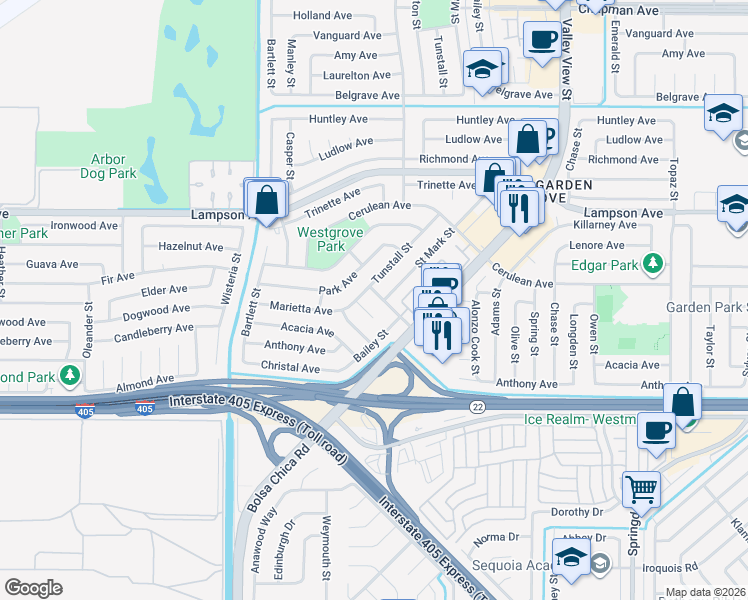 map of restaurants, bars, coffee shops, grocery stores, and more near 5532 Tiffany Avenue in Garden Grove