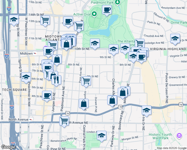 map of restaurants, bars, coffee shops, grocery stores, and more near 870 Glendale Terrace Northeast in Atlanta