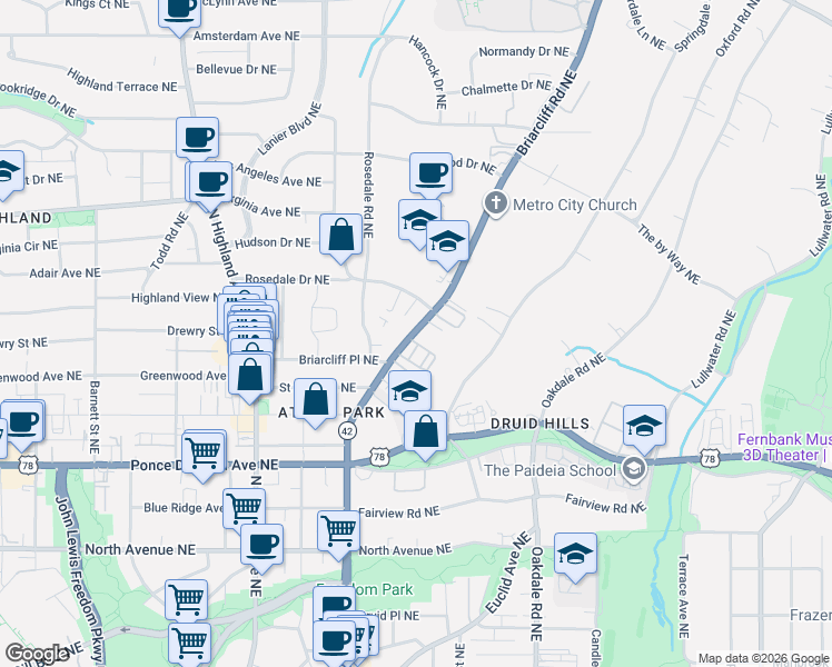map of restaurants, bars, coffee shops, grocery stores, and more near 872 Briarcliff Road Northeast in Atlanta