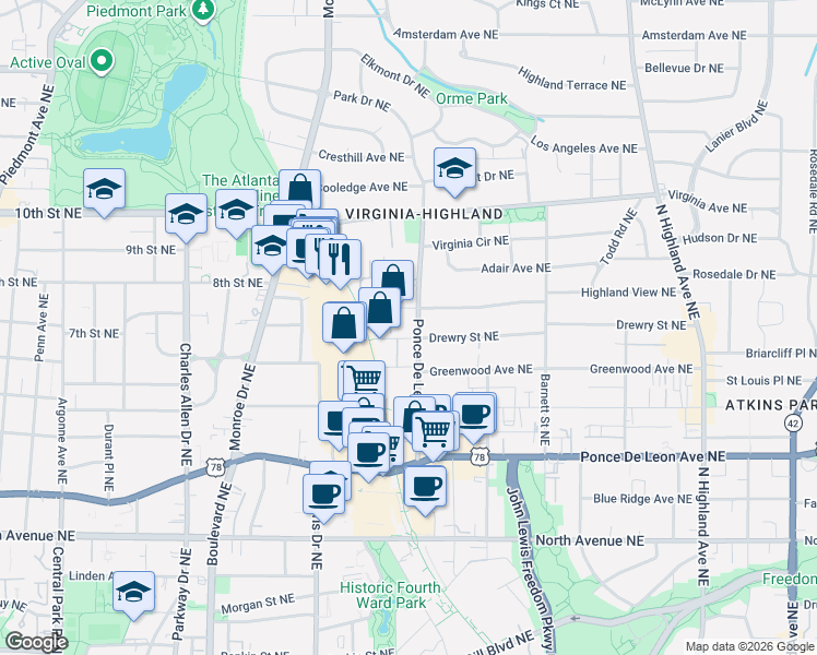 map of restaurants, bars, coffee shops, grocery stores, and more near 695 Pylant Street Northeast in Atlanta