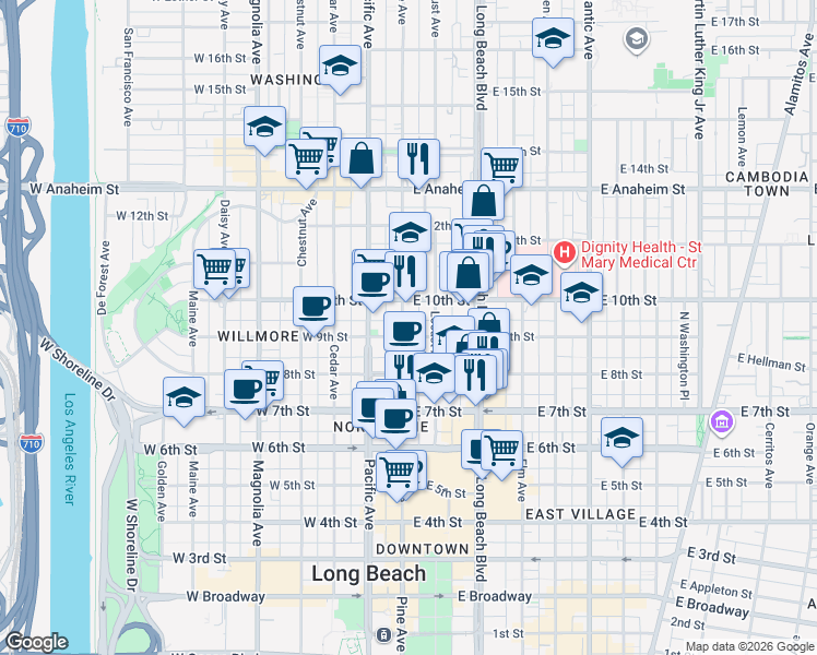 map of restaurants, bars, coffee shops, grocery stores, and more near 912 Pine Avenue in Long Beach