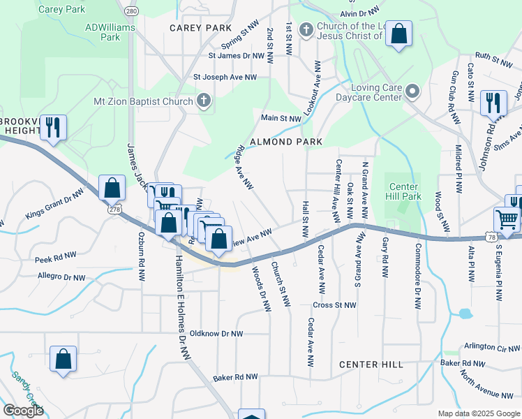 map of restaurants, bars, coffee shops, grocery stores, and more near 849 Ridge Avenue Northwest in Atlanta