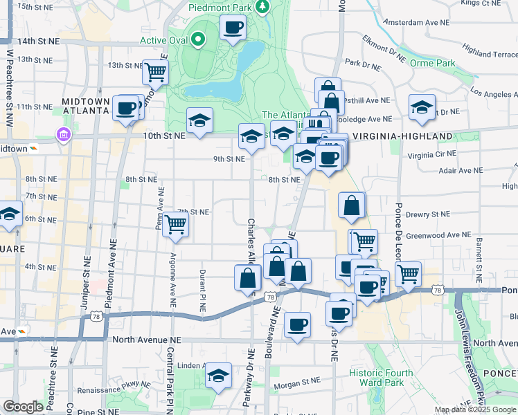 map of restaurants, bars, coffee shops, grocery stores, and more near 873 Charles Allen Drive Northeast in Atlanta