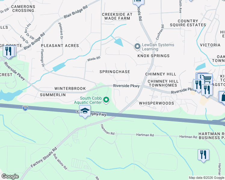map of restaurants, bars, coffee shops, grocery stores, and more near 796 Crestside Court in Austell
